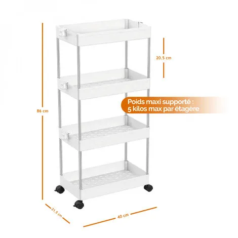 Desserte, Chariot De Rangement à Roulettes Large - 4 étagères - Blanc - Linxor - Blanc 2 Desserte, Chariot De Rangement à Roulettes Large - 4 étagères - Blanc - Linxor - Blanc – Image 2