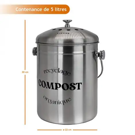 Composteur, Bac, Poubelle à Compost De Cuisine - 5 L - Inox - Linxor - Gris 2 Composteur, Bac, Poubelle à Compost De Cuisine - 5 L - Inox - Linxor - Gris – Image 2