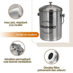 Composteur, Bac, Poubelle à Compost De Cuisine - 5 L - Inox - Linxor - Gris 6 Composteur, Bac, Poubelle à Compost De Cuisine - 5 L - Inox - Linxor - Gris -LINXOR Soldes Boutique 58337484 3