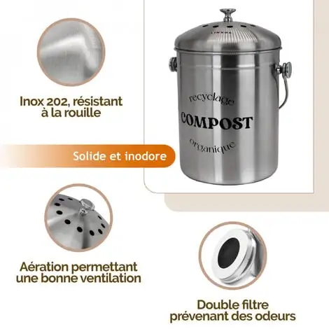 Composteur, Bac, Poubelle à Compost De Cuisine - 5 L - Inox - Linxor - Gris 3 Composteur, Bac, Poubelle à Compost De Cuisine - 5 L - Inox - Linxor - Gris – Image 3